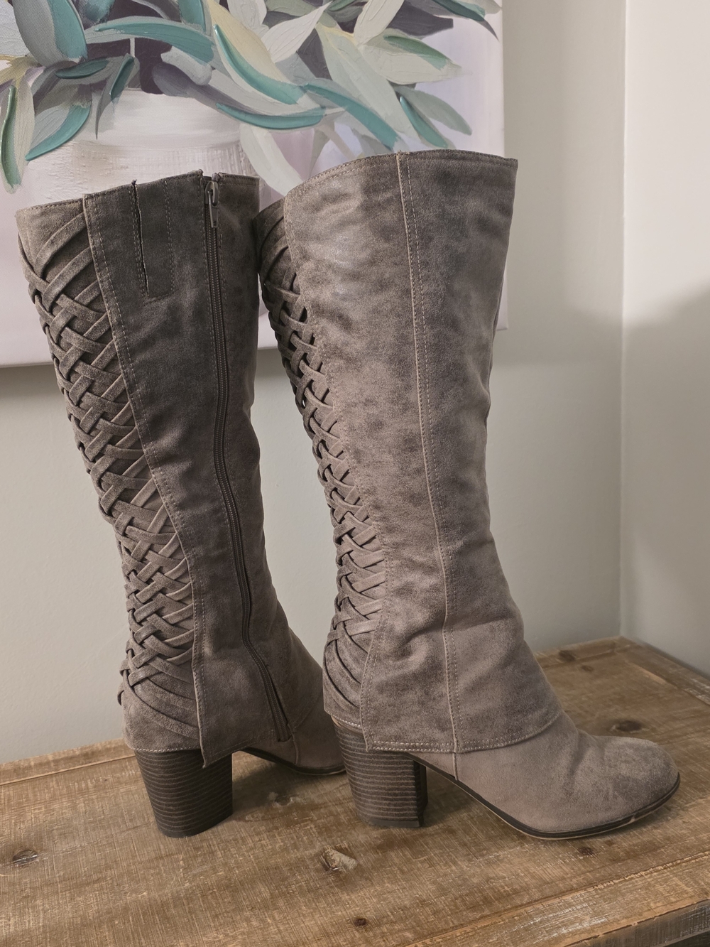 Fergalicious Taupe Knee-High Lace-Up Block Heel Boots